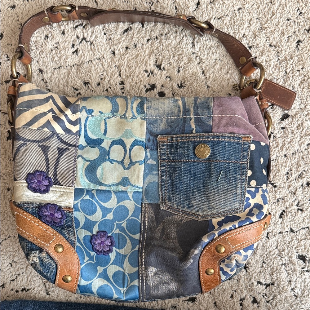 Patchwork Shoulder Bag with Denim and Leather Accents